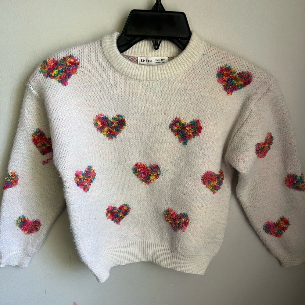 Girls Novelty Heart Sweater Size 10Y Crochet Embroidered Crew Neck Pullover Pink